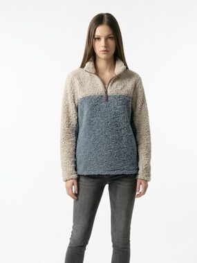 dylan Two-Tone Sherpa Half-Zip Pullover - Cream & Light Gray Medium